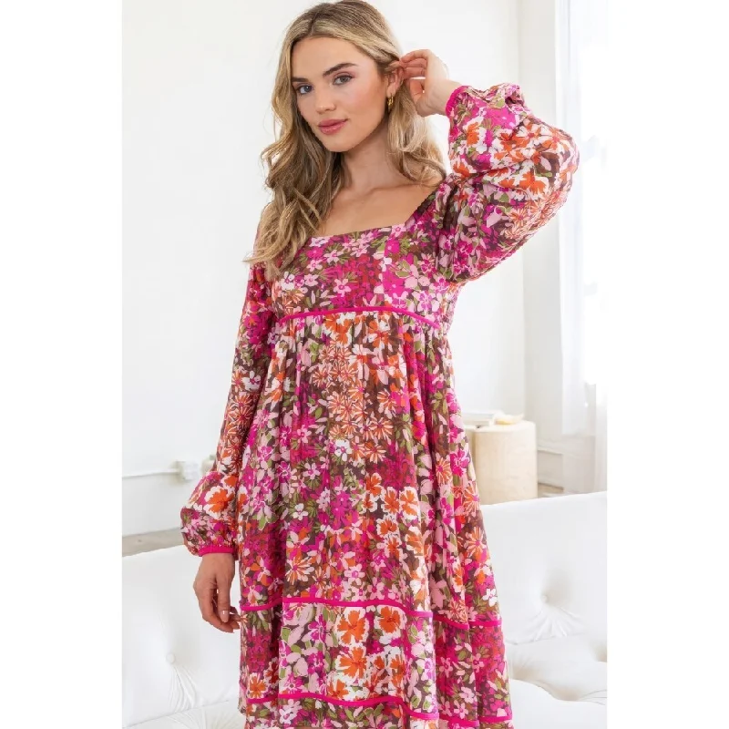 Long Sleeves Square Neckline Floral MIni Dress