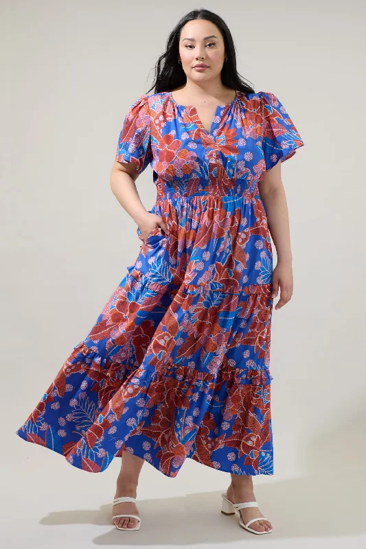 Amazonia Blue Floral Palmer Poplin Tiered Maxi Dress Curve