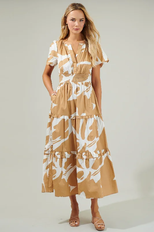 Hazel Abstract Palmer Poplin Tiered Maxi Dress