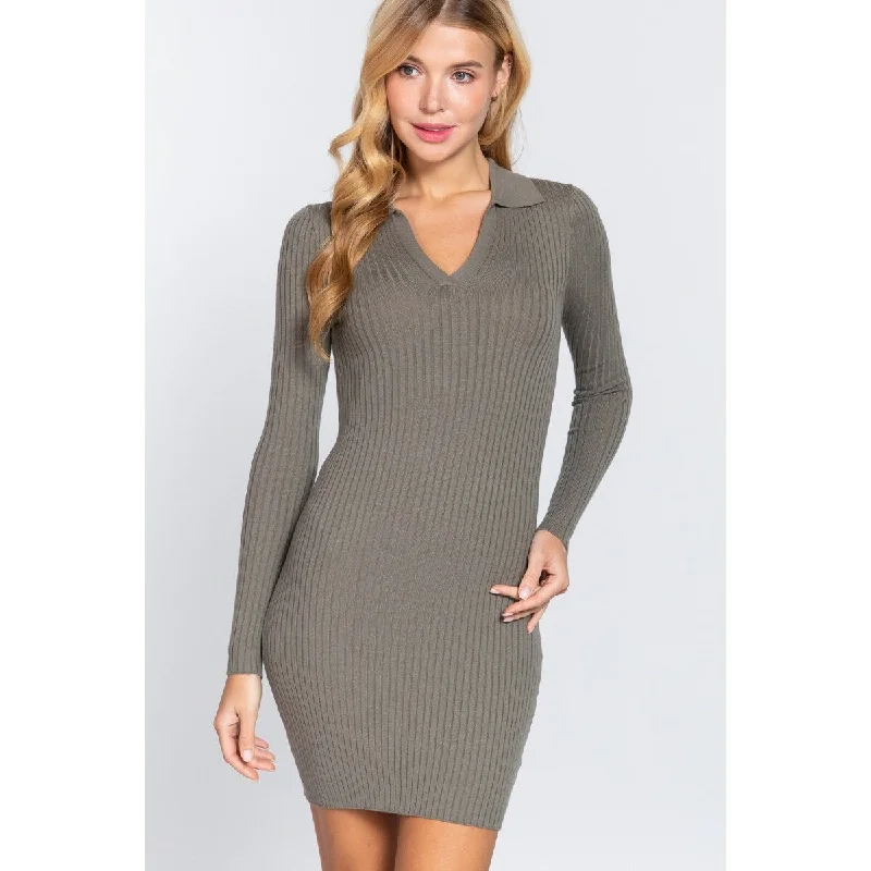 Long Sleeve Sage Green V-neckline Rib Mini Dress Sweater