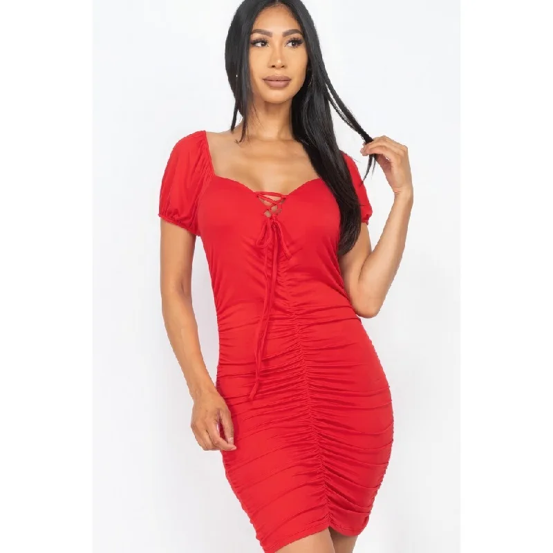 Front Lace Up Lightweight Ruched Mini Dress Perfect for Day-to-Night Wear