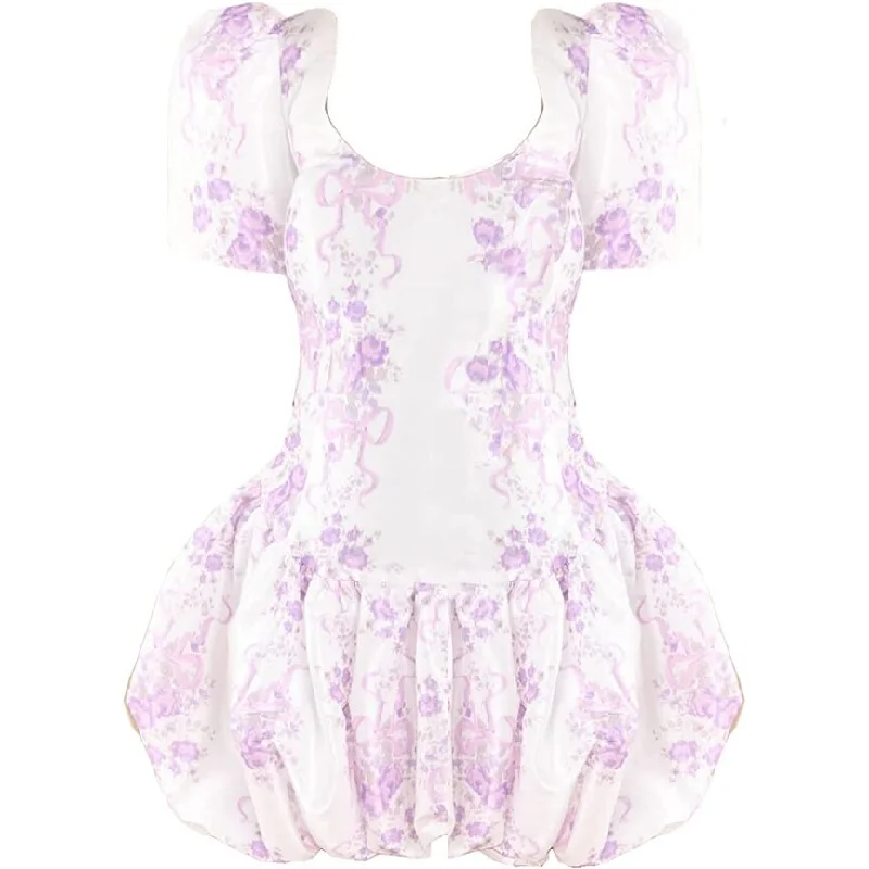 LOVESHACKFANCY Women's Nelisia White Purple Floral Print Bubble Him Mini Dress