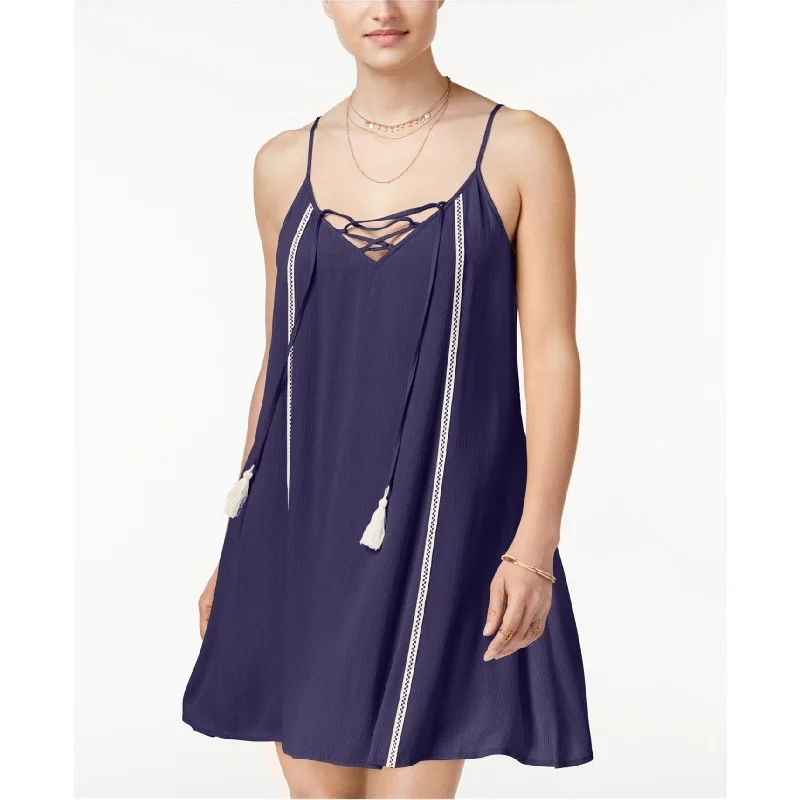 Trixxi Womens Lace-Up Tassel Mini Dress, Blue, X-Small