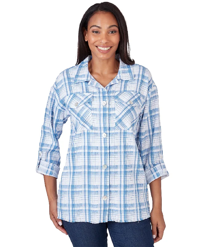 Ruby Road Blue Horizon Button Front Plaid Crepe Shirt Jacket