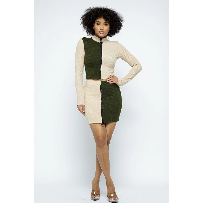 Rib Color Block Mock Neck Long Sleeve HighWaist Mini Skirt With Front Zipper Set