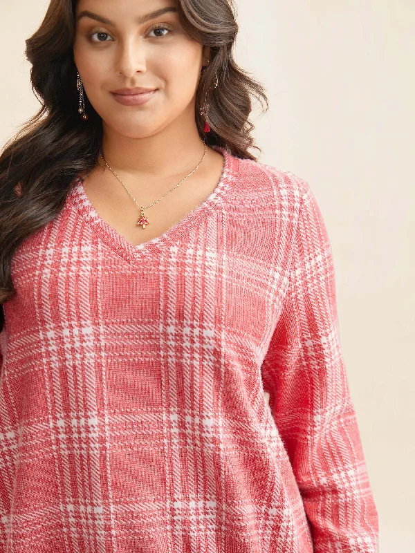 Brushed Plaid V-neck Sweatshirt