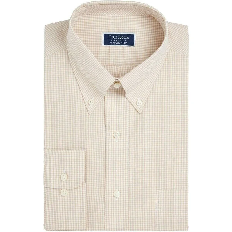 Club Room Men's Classic/Regular Fit Performance Mini Gingham Dress Shirt, Brown Size 34-35