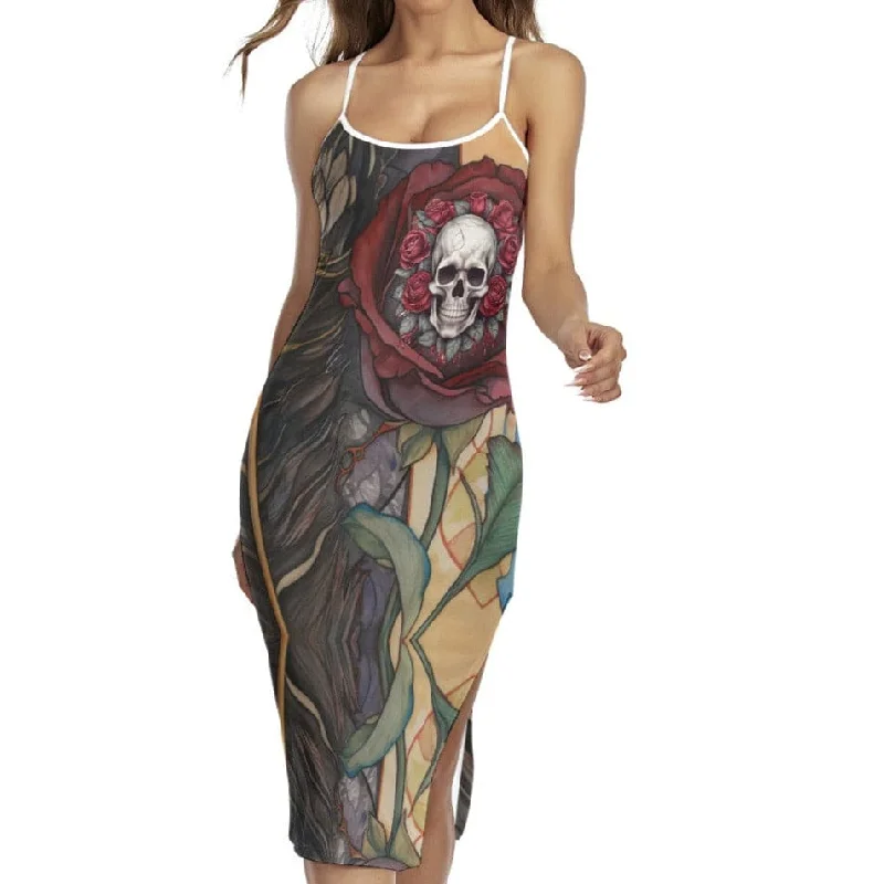 Women's Gothic Floral Skull Back Cross Cami Maxi Dress