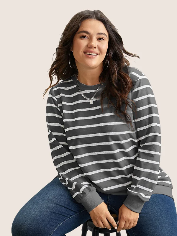 Rib Knit Striped Round Neck Sweatshirt