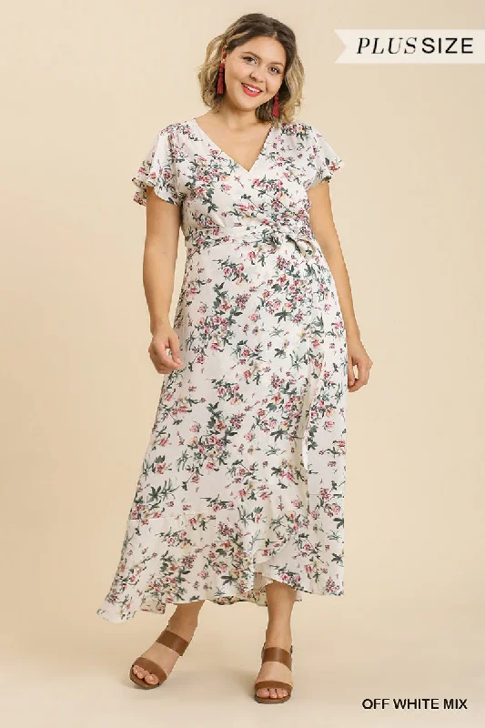 Plus Floral Print Wrapped Short Ruffle Sleeve Maxi Dress With No Lining