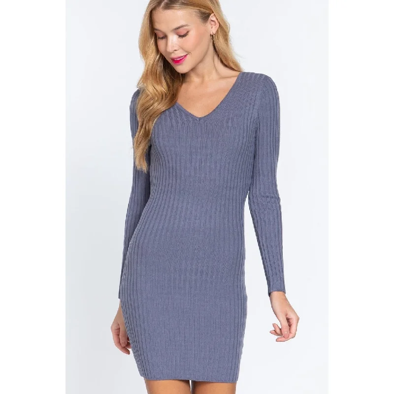 Long Slv VNeck Sweater Mini Dress