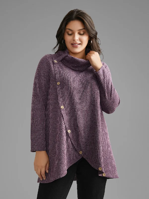 Rib Knit Button Detail Wrap Hem Sweatshirt