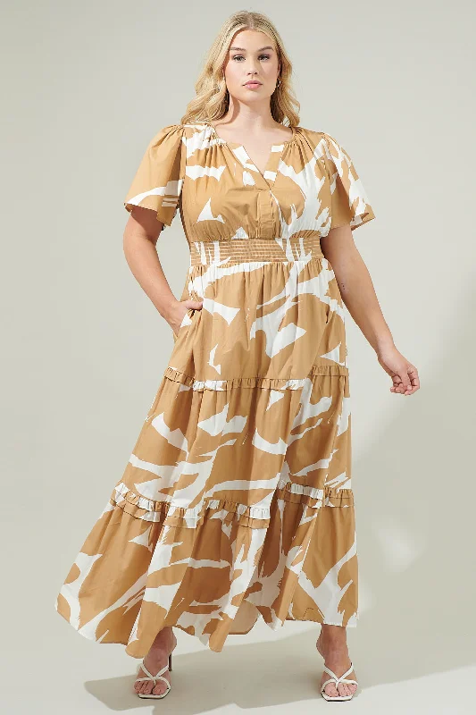 Hazel Abstract Palmer Poplin Tiered Maxi Dress Curve