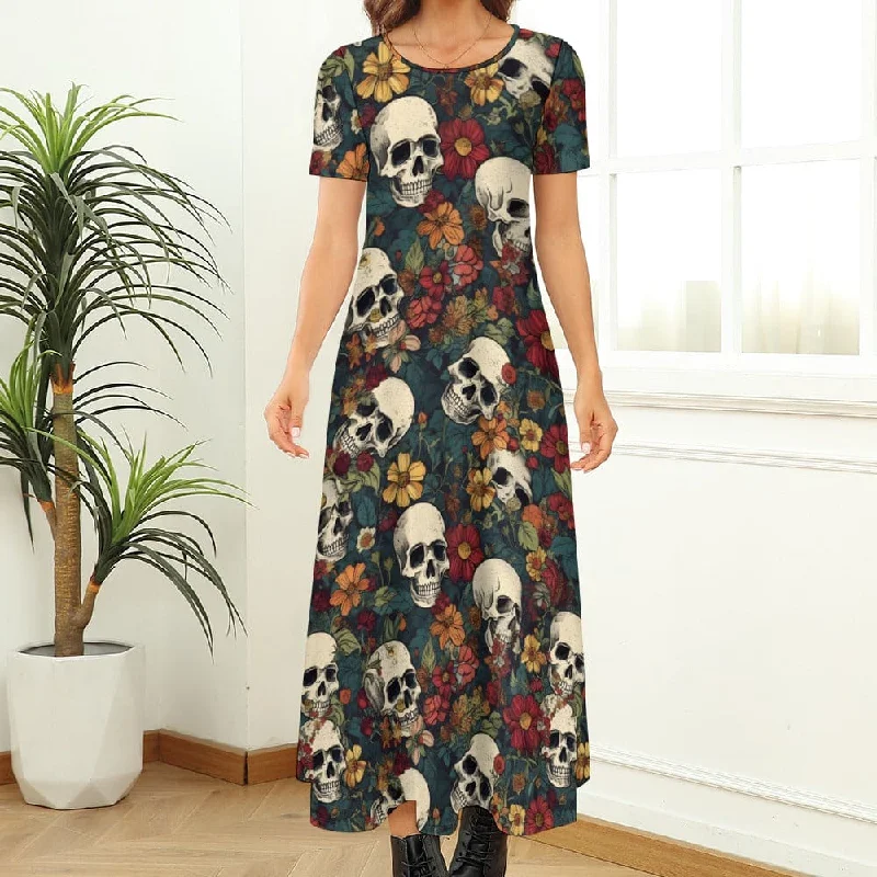 Skulls With Fall Flowers Round Neck Short Sleeve Maxi Dress