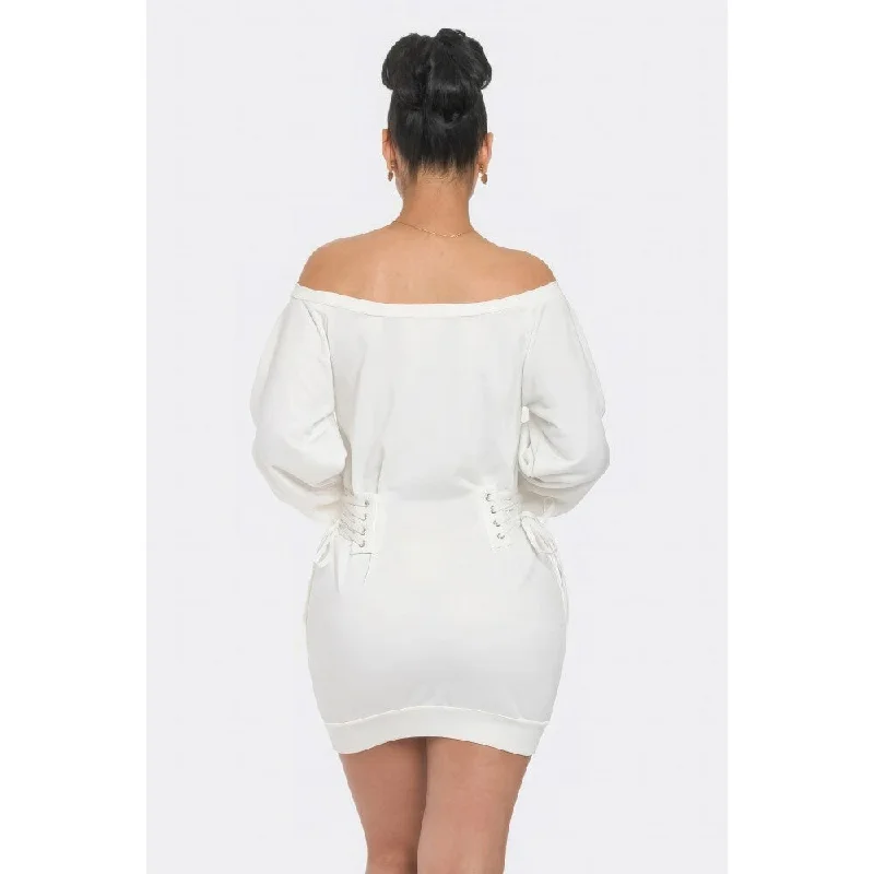 Off Shoulder Puff Sleeves Side Lace Up Detail Mini Dress