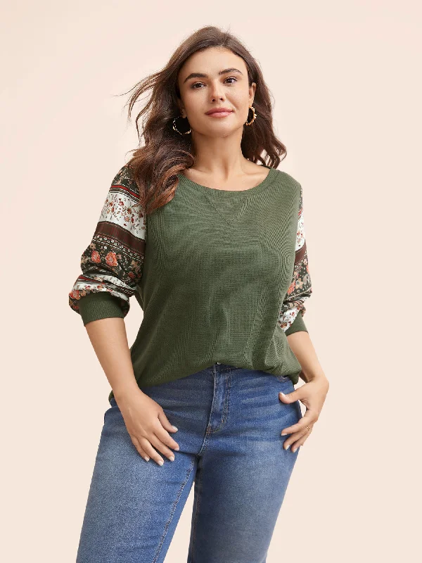 Boho Print Patchwork Crew Neck Sweatshirt