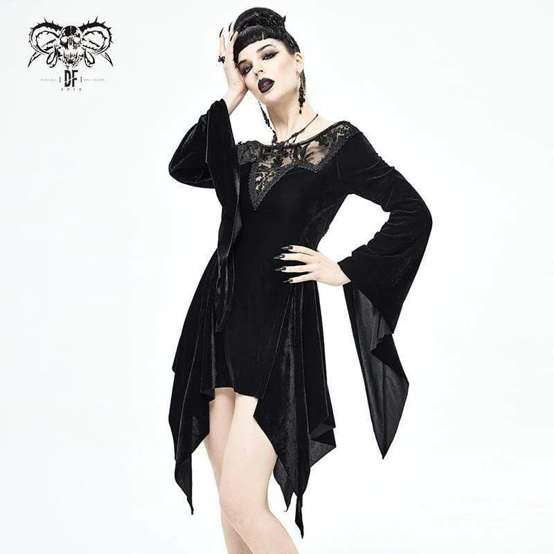 Women's Gothic Irregular Floral Embroidered Black Wedding Dress