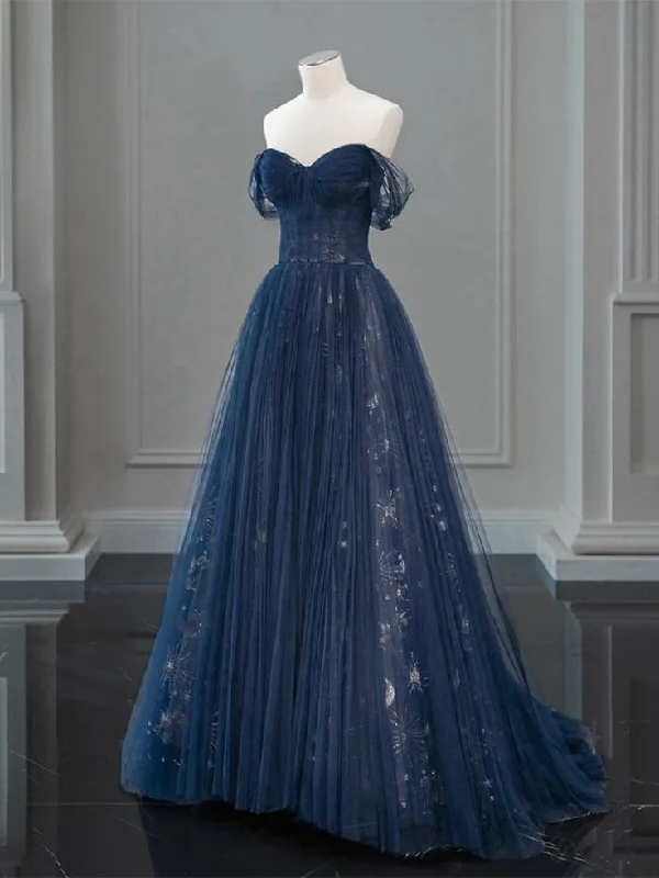 Navy Blue Off Shoulder A-Line Tulle Long Formal Party Dress MD7701