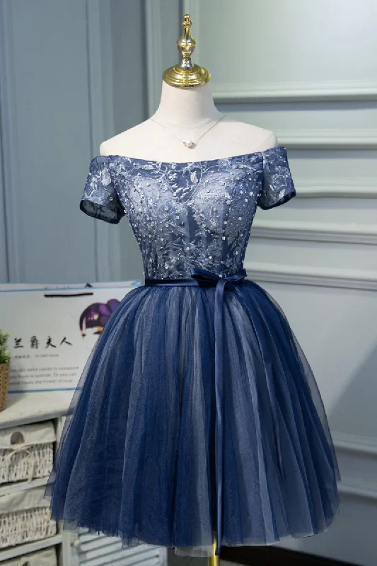 Off the Shoulder Short Sleeves Navy Blue Tutu Party Dress