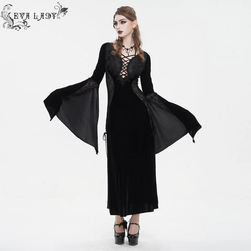 Women's Gothic Plunging Mesh Splice Velvet Wedding Dress