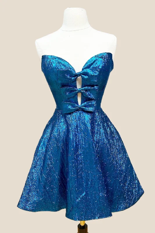 Plunge Neck Blue Short Party Dress with Bow