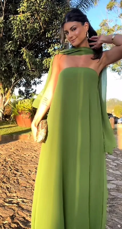 Green Strapless A-Line Chiffon Long Party Dress Wedding Guest Dress, MD7854