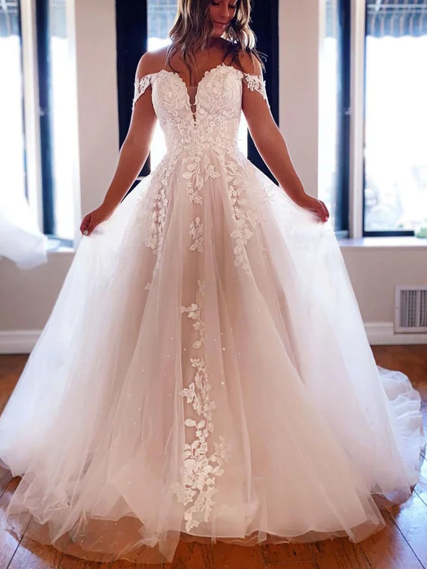 Off Shoulder White Lace Long Prom Dresses with Train, White Lace Wedding Dresses, White Tulle Formal Evening Dresses SP2273