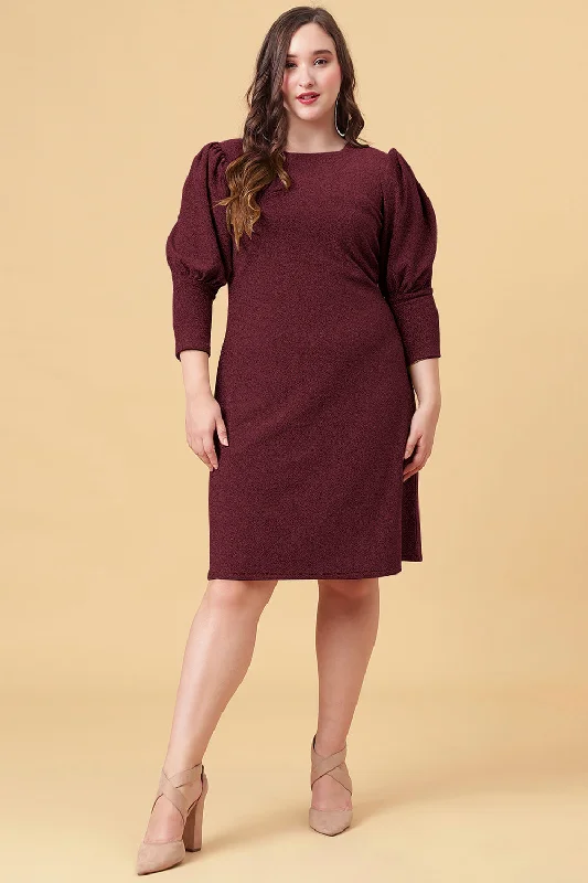 Maroon Shimmered Puff Sleeves Sheath Party Dress