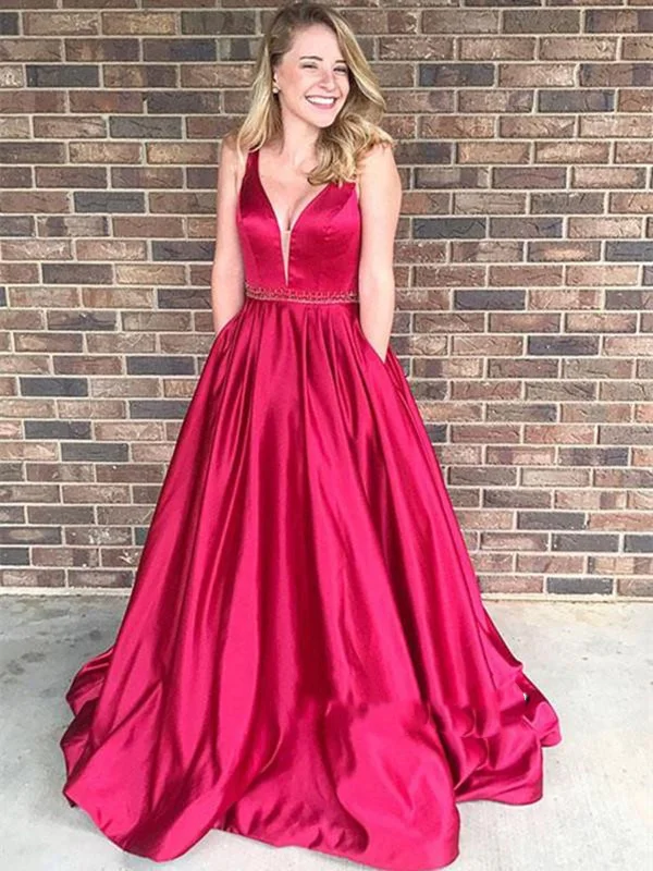 Custom Made Red Deep V Neck Backless Satin Wedding Dress, Deep V Neck Prom Dresses, Red Formal Dresses