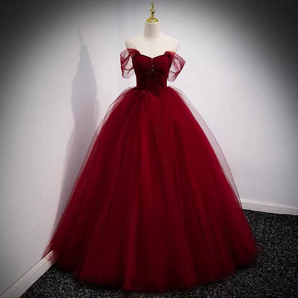 A-Line Burgundy Tulle Long Prom Dress Birthday Party Gown MD7668