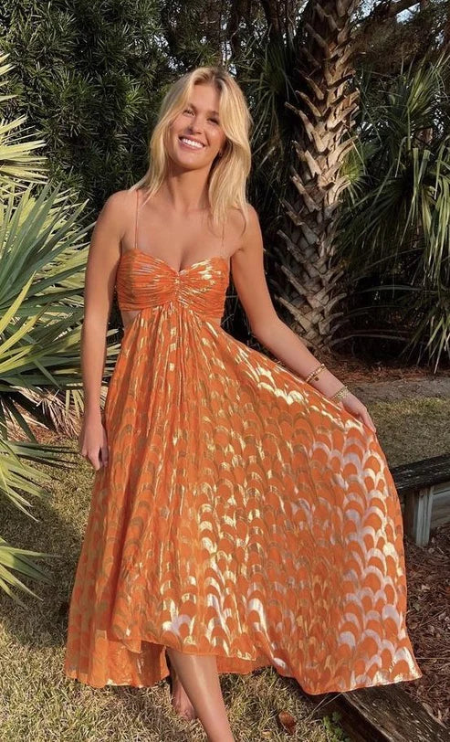 Orange A-Line Spaghetti Straps Chic Long Party Dress MD7736