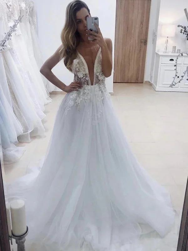 Deep V Neck Backless White Lace Appliques Long Prom Dresses, White lace Wedding Dresses, White Formal Evening Dresses