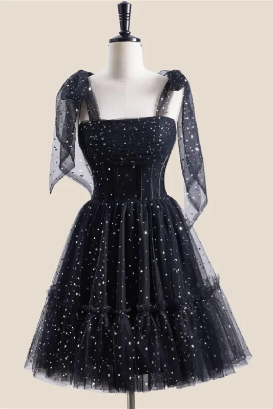 Black Sparkle Tulle Pleated Short Party Dress