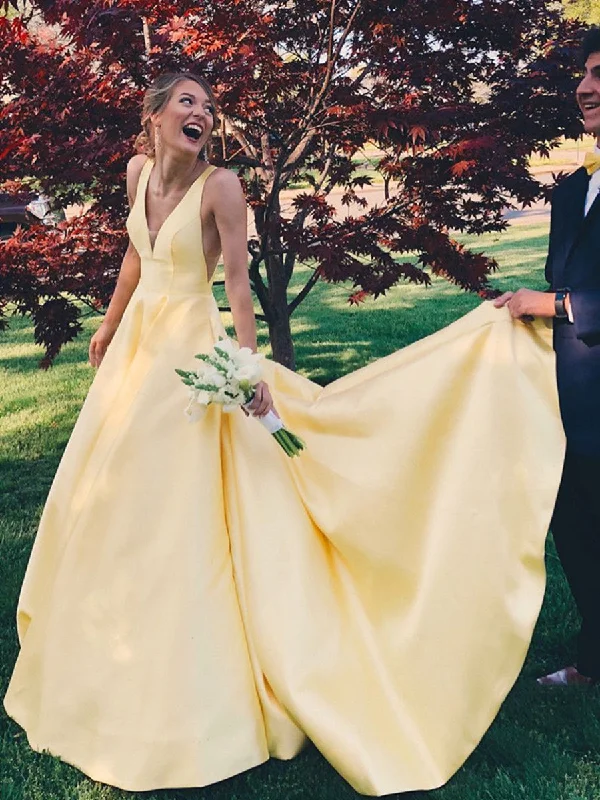 Yellow A Line V Neck Satin Long Prom Dresses, V Neck Backless Yellow Satin Wedding Dresses, Formal Dresses