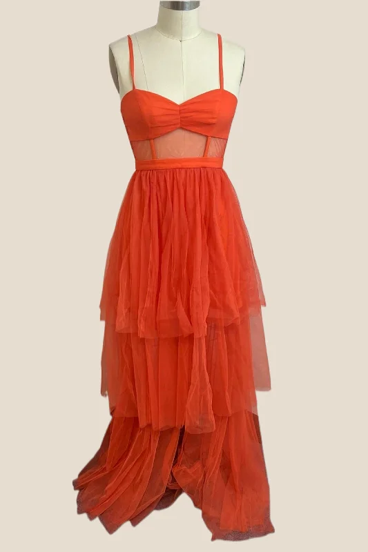 Spaghetti Straps Orange Sheer Corset Tiered Party Dress