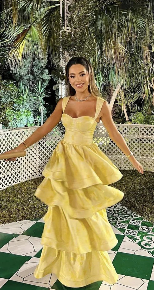 Pastel Yellow Ruffle Tiered A-Line Long Party Prom Dress MD7722