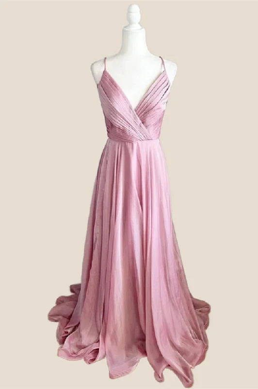 Pleated Pink V Neck Satin Long Party Dress