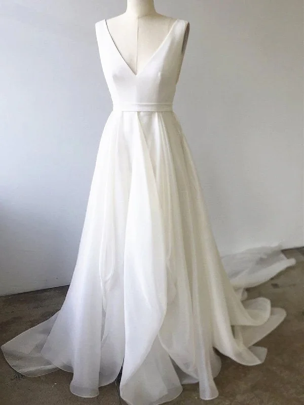 A Line V Neck White Prom Dresses with Train, V Neck Formal Wedding Dresses with Train, White Evening Dresses