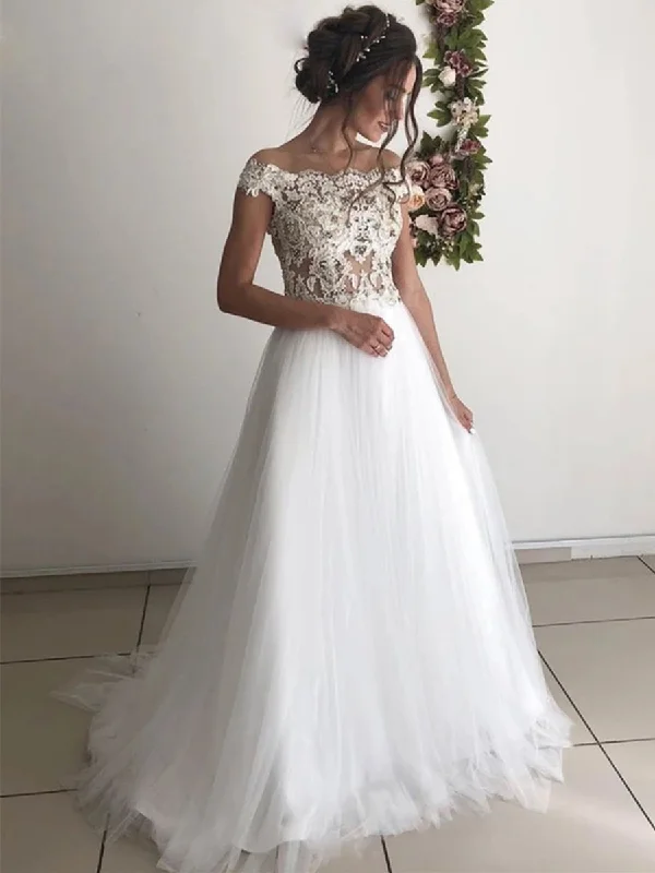 Off the Shoulder Round Neck White Lace Wedding Dresses, Off Shoulder White Lace Long Prom Formal Evening Dresses