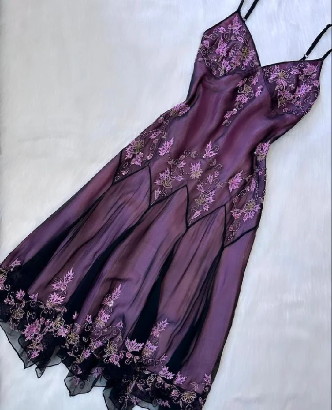 Dark Purple Spaghetti Straps Beading Vintage Party Dress Evening Gown MD7816