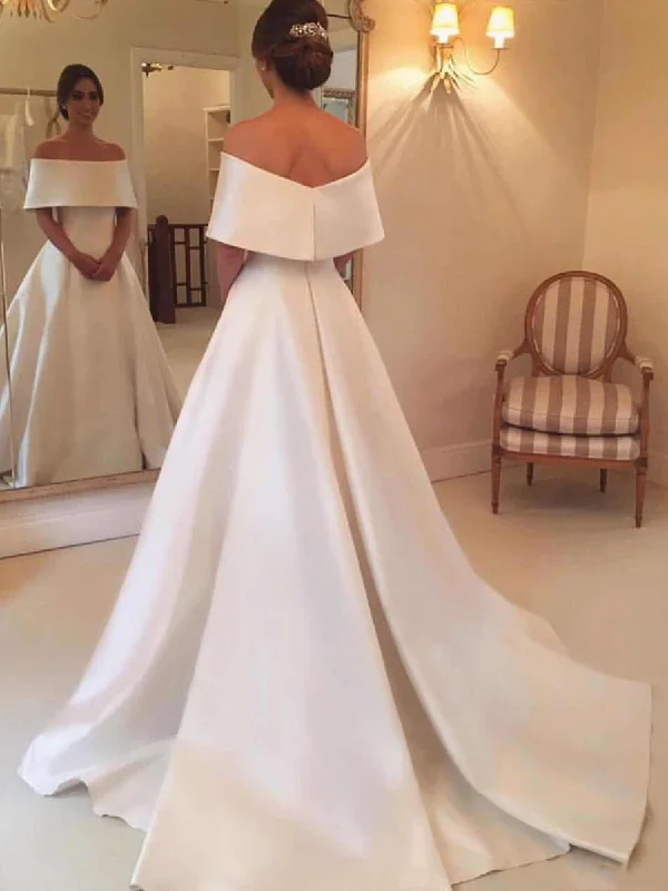 Elegant White Satin Off Shoulder Wedding Dresses, Off Shoulder White Satin Long Prom Dresses, White Formal Evening Dresses