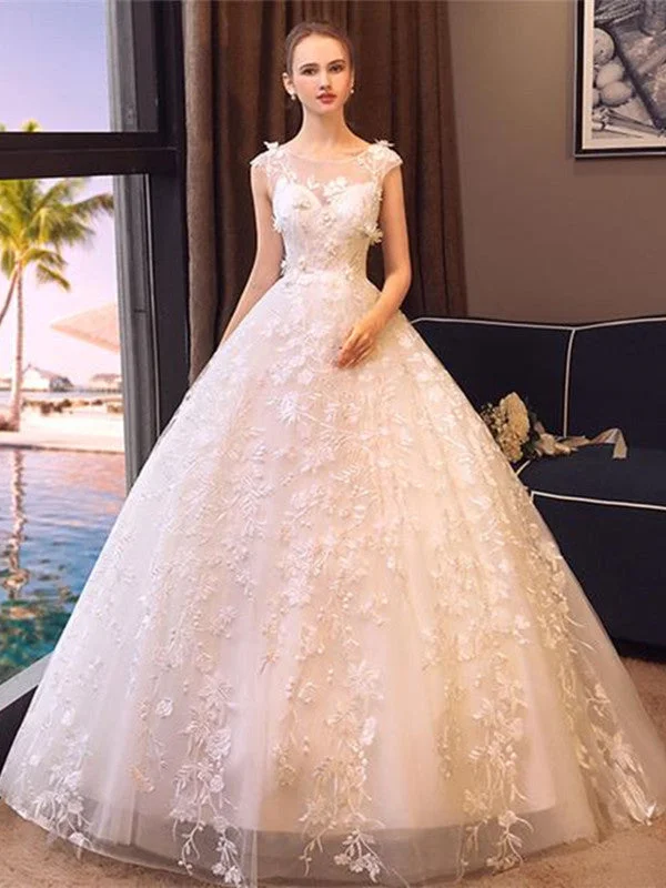 Round Neck White Lace Long Wedding Dresses, White Lace Prom Dresses, Formal Dresses