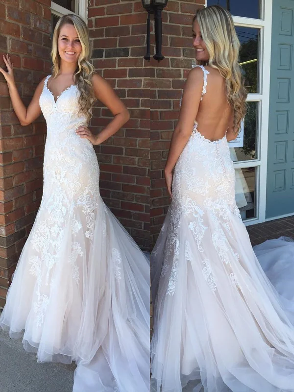 V Neck Backless Mermaid Champagne Lace Long Prom Wedding Dresses with Train, Champagne Lace Formal Evening Dresses SP2266