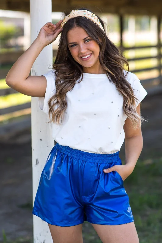 Blue Metallic Elastic Waist Shorts