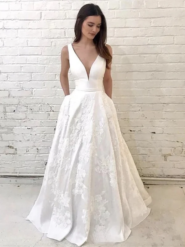 Unique V Neck Lace Appliques White Long Prom Wedding Dresses, V Neck White Lace Formal Dresses, White Lace Evening Dresses