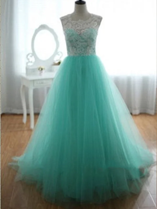 Custom Made Turquoise Ball Gown Round Neckline Sweep Train Lace Wedding Dress/ Bridal Dress/ Green Wedding Gown