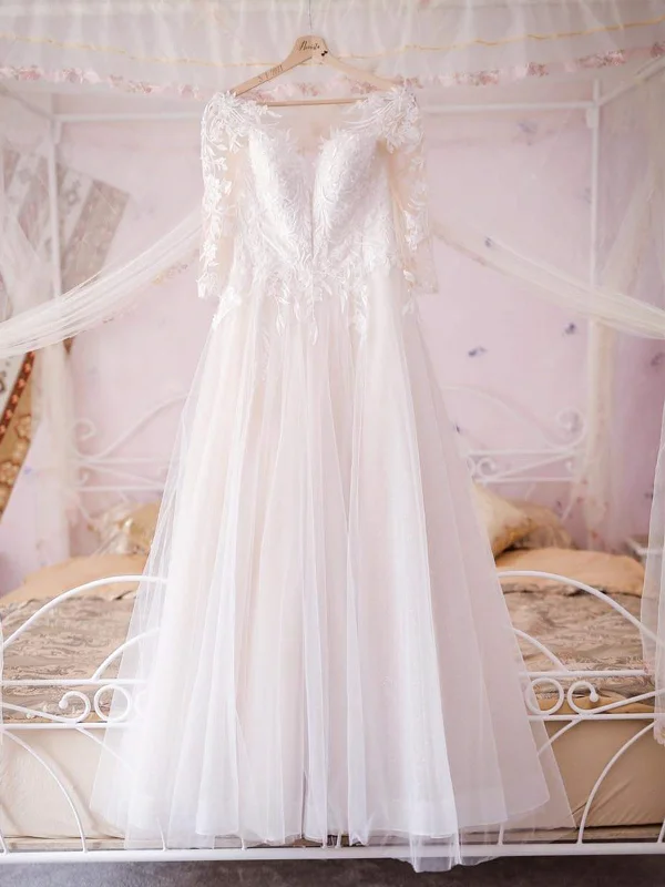 Half Sleeves V Neck White Lace Long Prom Dresses, White Lace Wedding Dresses, White Formal Evening Dresses SP2117