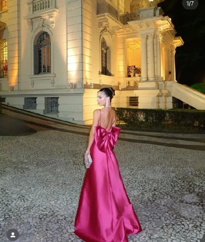 Hot Pink V Neck A-Line Bowknot Satin Long Formal Party Dress MD7699