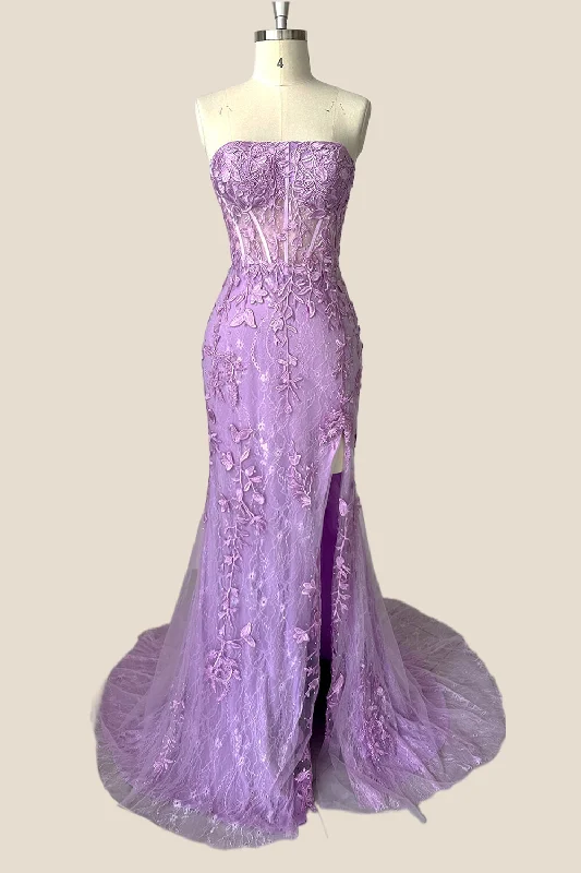 Strapless Lavender Lace Mermaid Long Party Dress