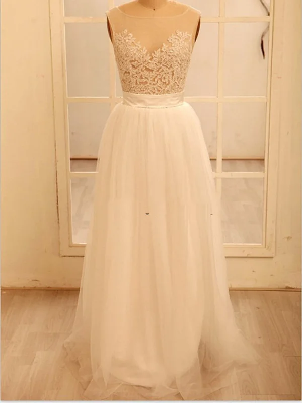 A Line Round Neck Lace Wedding Dresses, Deep V Neck Back Dress, Ivory Dresses For Wedding